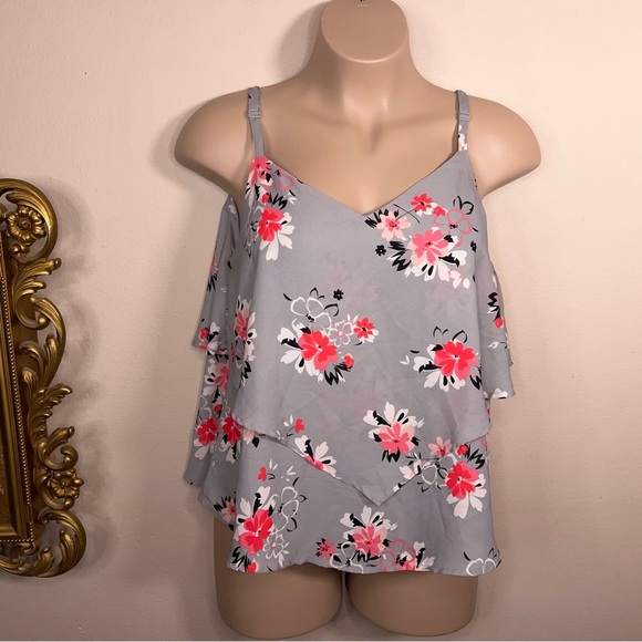 Size 12 Torrid 0 Grey Pink Floral Flowy Blouse Layered Vneck Tank - Picture 8 of 11